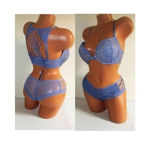 Victoria Secret Very Sexy Push Up Bra Set 32DD/M Strappy Front Close Blue lace